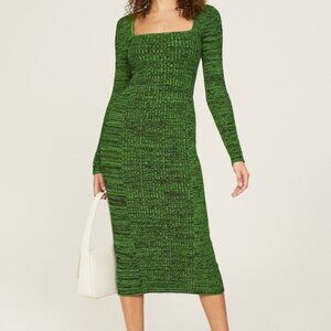 Ganni Melange Dress Midi Green Knit Long Sleeve Bodycon XS